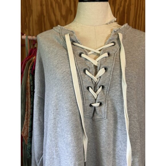 Aerie Lace Up Oversized Crew Sweatshirt Grey Long Sleeve Distressed Sz L - Picture 5 of 13